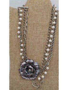 Metal Rose Silver Tone Necklace Multi Strand White Beads Choker